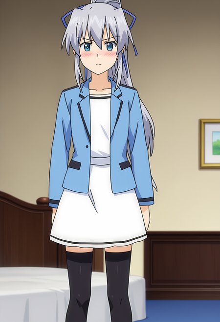 score_9, score_8_up, score_7_up, source_anime,
BREAK
1girl, solo, 
anime screencap, anime coloring, 
<lora:shiKranjarV1:1>, shililianaalt, long hair, blue eyes, grey hair, hair ribbon, ponytail, 
alternate costume, white dress, ribbon, blue jacket,black thighhighs, casual, 
looking at viewer,  blush,
