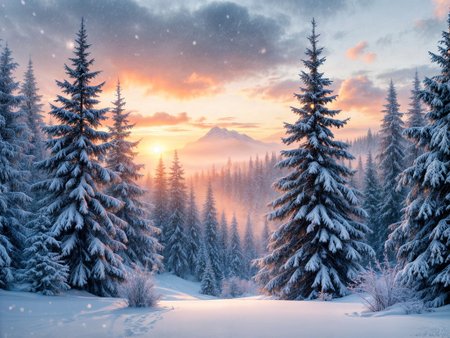 A realistic scene of a serene and charming winter forest. The forest is filled with tall, snow-covered evergreen trees, the branches of which are covered with fresh snow. A light snowfall creates a peaceful atmosphere. The stage is illuminated by the red rays of the almost set sun, casting long shadows and creating a serene atmosphere.