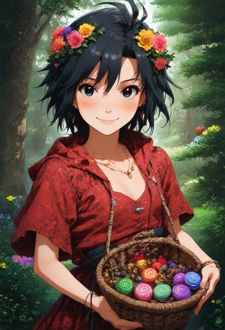 (zPDXL2), score_9, score_8_up, score_7_up, score_6_up, source_anime, <lora:Worldly_XL:1.05> volumetric lighting, warm colors, motion effects, best quality, wallpaper art, looking at viewer, woods, flowers, insects
1girl, solo, 18 year old, Little Red Riding Hood on a path in the woods, holding basket with berries, delicate and smooth skin, cleavage, shy smile, eyes open, low cut, 
<lora:KikuchiMakoto_pony_v1:0.9> kkcmkt, short hair, black hair, antenna hair, hair between eyes, black eyes, flat chest,  small breasts, 
Expressiveh,  <lora:c0l0urc0r3XLP2:0.40> c0l0urc0r3, cute, bright colours, candy, <lora:RELSM_v1:0.90> <lora:[GP] somethingweirdv1 [Pony XL]:0.20>