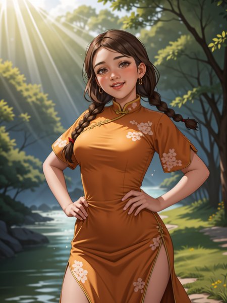 1girl, <lora:AromaStyle-V9:0.5>, brown eyes, light brown hair, twin braids, china dress, china, outdoors, village, tree, river,  pelvic curtain, light particles, sunbeam, hand on own hip, head tilt, lens flare, 
masterpiece, best quality, intricate detail,  <lora:PAseer-SD15-LCM Quick:1>  <lora:emotion_happy_slider_v1:2> <lora:backlight_slider_v10:-1> <lora:weight_slider_v2:1>