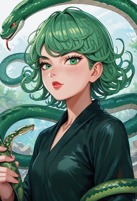 score_9,score_8_up,score_7_up,score_6_up,score_5_up,source_anime,1girl, 1girl, tatsumaki,  green eyes, saitama outfit, shortstack, looking at viewer, bald girl, 19yo, lipstick , flirty, snake, snake on shoulders, upper body view,