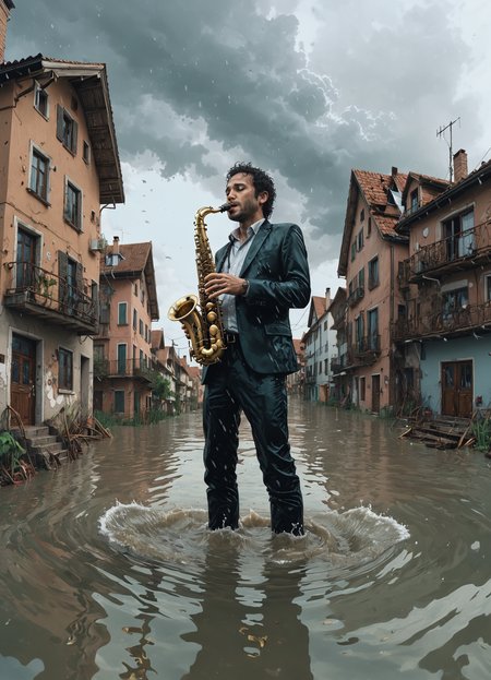 expression, man plays the saxophone while standing in the water, flood, houses in the water, mirror, bottom view, 8k, F2.8, RAW Photo, ultra detailed,
<lora:detailed_notrigger:0.8>  <lora:Futuristic_Retro_Vibes:0.6>