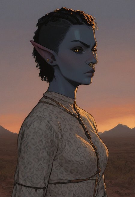 safe_pos, solo, short pointy ears, full body, action stance, piercings, random elf face, aquiline features, female dark elf, brow rings, beaded piercings, weathered skin, blue-grey skin, large nose, insect chitin armor, insect chitin helmet, insect chitin ornaments, stylized insect pattern, athletic build,  animated realism, zoomed out, Syrian features, torso, yurts, tents, native camp, elegant berber tapestries, dead desert trees, ash dunes, distant volcano, ashy soil, grey green foliage, distant grey hills, sunrise, gloomy lighting, grey fabric awnings, dark wood posts, light dust clouds, grey-blue skin, mahogany and ivory clothes, medium armor, bone plate armor, ivory straps and fittings, alien bone ornaments, grey wood neckguard, medium_breasts, grey sclera, black pupils, blue-green light, neon, highly detailed, defined features, looking at viewer, three quarters view, from side, dynamic lighting, 29 years old, light and shadows, patterned cloth, annoyed expression, expressive eyes, detailed medieval clothes, short hair, wavy hair, thick hair, beaded hair, braided hair, under cut hair, semirealistic, alien elf, spanish features, jewish features, black hair, dark red hair, desaturated blue skin, sharp features, pastel green inuit print cloak, nighttime, high detail, absurdres, pretty eyes, detailed eyes, yellow eyes,