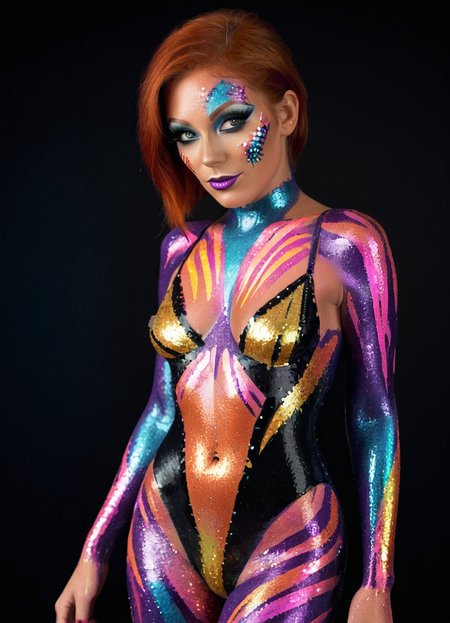 full body portrait of a woman in a nightclub, GlitterStyle, makeup, eyeshadow, mascara, black background, bodypaint, bodysuit, red hair, black, orange, neon, blue, pink, purple, high heels, highly detailed, realistic, 
 <lora:GlitterStyle_sdxl:0.8>
