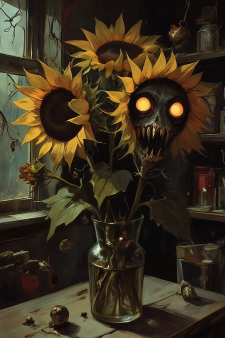 In a dimly lit, eerie room with walls adorned by twisted, gnarled vines, a bouquet of sunflowers sits atop a decrepit wooden table. The sunflowers' once-vibrant petals now wilted and decayed, their stems contorted in macabre poses. But what's most unsettling is the eyes - two glowing orbs that seem to pierce through the shadows, as if watching with an otherworldly intelligence. The teeth, sharp as razor-sharp thorns, appear to be constantly gnawing, as if hungry for something. The overall atmosphere is one of foreboding dread, where even the sun's warmth seems tainted by malevolent presence.
