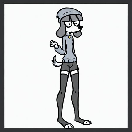 (Fifi - Somemf)  (furry female,white skin) (dog girl,white fur,grey hair,dog ears,dog tail) (black beanie,grey sweater,black shorts,thighhighs,black thighhighs,toeless soc