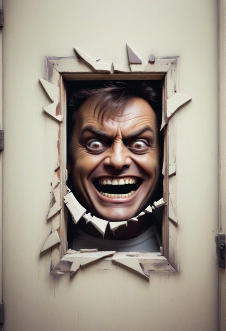 {"here's johnny" text logo}, [looking through a broken door with a creepy smile | upclose Jack Torrance], 80s