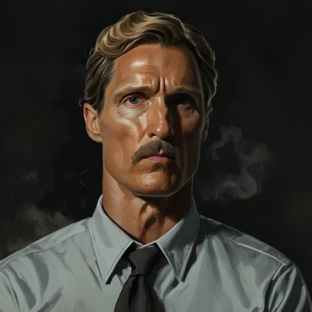 concept art of cinematic film still of  <lora:add-detail-xl:1>0
<lora:detailed:0.3>
<lora:perfection style:0.3>
<lora:xl_more_art-full_v1:0.3>
 <lora:true detective style:1>
Rust Cohle a man with a moustache and a mustache,solo,blonde hair,simple background,shirt,1boy,closed mouth,white shirt,upper body,male focus,collared shirt,dress shirt,facial hair,looking up,black background,realistic,mustache,old,wrinkled skin , sharp, detailed, epic photography, artistic, dramatic light, cinematic style, film style, 
true detective style, digital artwork, illustrative, painterly, matte painting, highly detailed