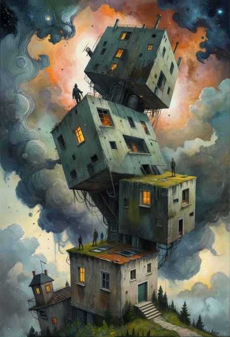 (masterpiece, best quality, high-res, ultra detailed:1.25), Terror tales painting by (Dragan Bibin:1.36) the firstfloors of modern Khrushchevka building,standing on top of each other, Greengarden, gloomy atmosphere, nebula, space, stars, <lora:tbh125-sdxl:0.5><lora:SDXL_black_and_color_Sa_May:0.25>, <lora:add-detail-xl:1.25><lora:xl_more_art-full_v1:0.5>