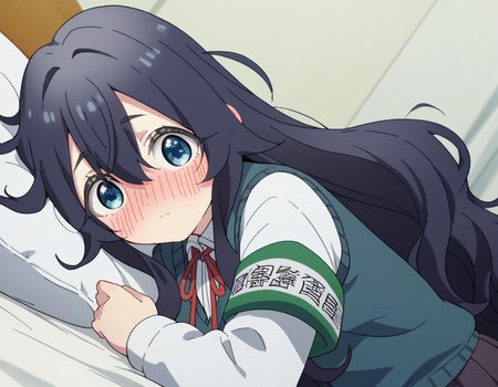 score_9, score_8_up, score_7_up, source_anime,
shizukayoshimoto, <lora:shizuka-yoshimoto-s1-ponyxl-lora-nochekaiser:1>,
shizuka yoshimoto, long hair, bangs, blue eyes, black hair, hair between eyes, wavy hair,
skirt, shirt, ribbon, school uniform, white shirt, pleated skirt, red ribbon, neck ribbon, armband, sweater vest,
indoors, bed, bed room, on side, blush, drunk,
looking at viewer, cowboy shot, dutch angle, solo,