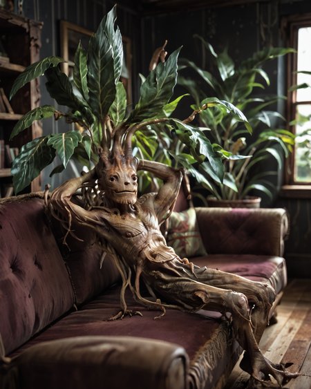 score_9, score_8_up, score_7_up, intricate details, rating_questionable,
<lora:homri52:1>,
<lora:Mandrake:1>, Mandrake, plant monster, leaves, bark, black eyes, yellow-brown bark
, looking at the viewer, solo, happy, 
cowboy shot, sitting on a sofa, leaned back, arms raised, hands behind head, typical clothing), comfy living room, at night, dark room, low light,
4k, 
detailed background, depth of field, 
<lora:ral-chrosc-clr:0.5>, ral-chrosc-clr,
<lora:Expressive_H:0.5>, Expressiveh,
<lora:xl_more_art-full_v1:0.3>,
<lora:add-detail-xl:0.3>,
