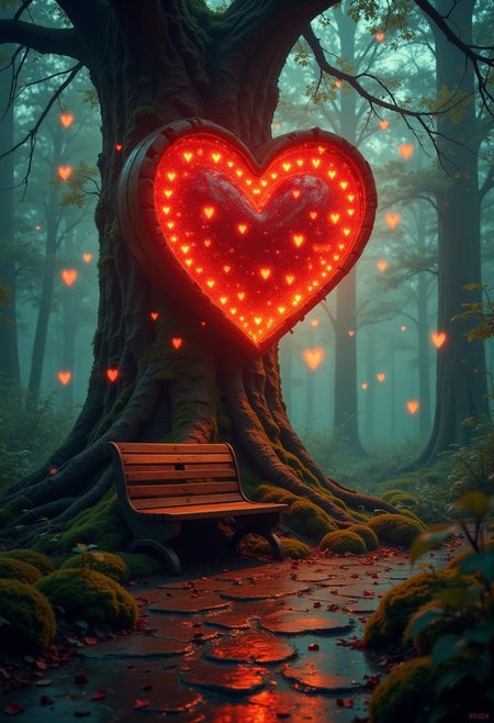 a magical, enchanting scene in a forest. The central focus is a large, ancient tree with a heart-shaped cluster of glowing red hearts embedded in its trunk, radiating a warm, golden light. The tree's bark is textured and gnarled, adding to its mystical appearance. Surrounding the tree are smaller, floating red hearts, creating a whimsical atmosphere. In the foreground, a wooden bench sits on a stone path, partially illuminated by the tree's glow. The background features a dense forest with tall trees and a misty ambiance, enhancing the ethereal quality of the scene. The overall color palette is a mix of deep greens, browns, and the vibrant reds and golds of the hearts, creating a harmonious and captivating visual experience. aidmaLOVEboost