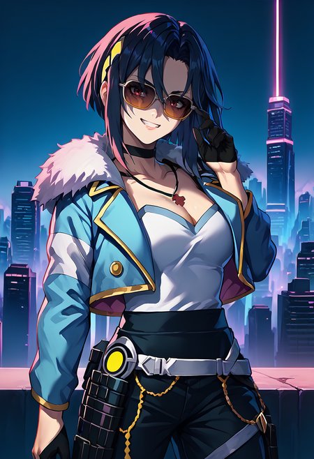 score_9, score_8_up, score_7_up, source_anime, 1girl, solo, looking at you, grin, sunglasses, covered eyes, leaning back, holster,  BREAK <lora:NelFE-pdxl:0.95> casNel, short hair, hair between eyes, jewelry, necklace, cleavage, large breasts, black gloves, black choker, black pants, blue jacket, cropped jacket, long sleeves, fur-trimmed jacket, half gloves, cityscape, cyberpunk, <lora:RetroWave_PonyXL:1.35> retrowave