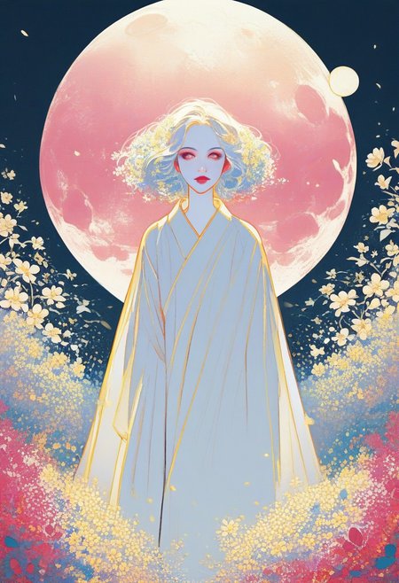 zPDXL3, 1woman, robe, moon, flowers, white skin, highly detailed,   high resolution, best quality, sharp quality,  clear quality, High-definition, smooth image, bright colors, vibrant colors, colorful, clean lines,