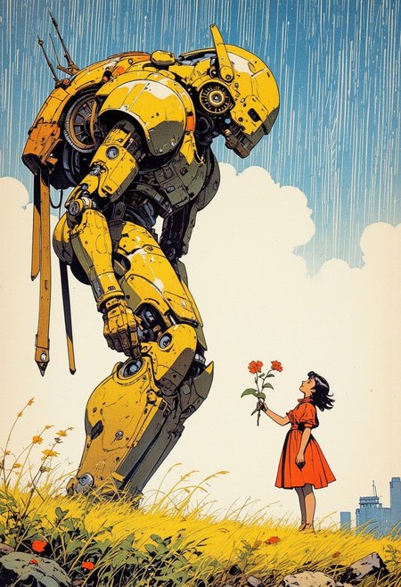  A girl under rain, micro art, girl standing in the rain field, autumn rain, she is happy, simple background, simple lines, a lot of white space, upward view, girl presenting a flower to a huge retro style robot, strong visual impact in the style of 1960s