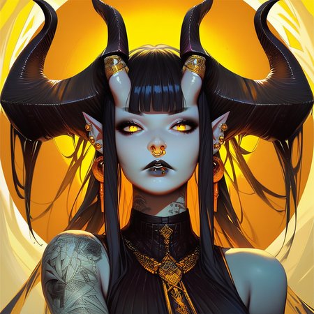score_9, score_8_up, score_7_up, score_6_up,   c0l0r1f1c4t10ny3ll0w,ColorificationYellow,Colorification Yellow, 1girl, solo, long hair, breasts, looking at viewer, bangs, black hair, bare shoulders, jewelry, yellow eyes, upper body, earrings, parted lips, horns, sleeveless, pointy ears, blunt bangs, lips, tattoo, makeup, glowing, colored skin, piercing, moon, demon girl, lipstick, demon horns, ear piercing, yellow background, eyeshadow, nose, arm tattoo, shoulder tattoo, black horns, black lips, nose piercing, lip piercing