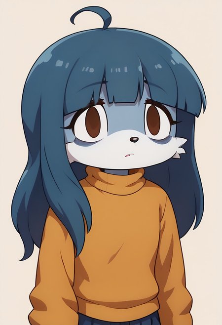 fx-face, face_of_the_people_who_sank_all_their_money_into_the_fx_(meme), sage the sloth, blue hair, blue fur, long hair, ahoge, bags under eyes, hair over eyes, brown eyes, eyelashes, makeup, white claws, sharp fingernails, orange sweater, turtleneck, score_9,score_8_up,score_7_up