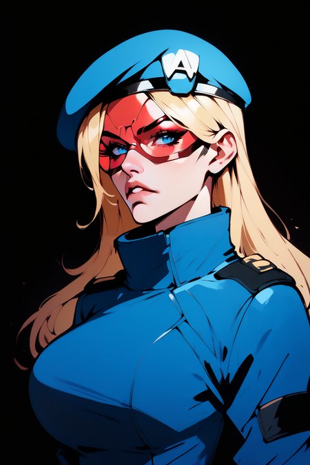 score_9, score_8_up, score_7_up, score_6_up, Comistyle,  delicate features, art by John Byrne and Jim Lee <lora:ComicsPonyXL_V2:1>, side view, looking at viewer, upper body, face focus, BREAK,
1girl, solo, portrait, femcop<lora:Pure_Onyx_-_FemCop:0.9>, blonde hair, long hair, beret, ((red goggles), jacket), BREAK
huge breasts, small waist, narrow waist, wide hips, thin, blue jacket, blue beret