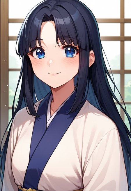 score_9, score_8, score_7, source_anime, ainu, 1girl, solo, looking at viewer, long hair, black hair, blush, blue eyes, long sleeves, smile, closed mouth