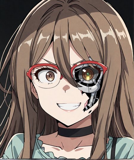 score_9,score_8_up,score_7_up,score_6_up,score_5_up,score_4_up,source_anime,best quality,masterpiece,
<lora:half_cyborg_face_pony_v1:1>,half_cyborg_face,android,mechanical parts,damaged,cyborg,heterochromia,artificial eye,mechanical eye,science fiction,
1girl,solo,
<lora:Mizuki_Nakahara:0.8>,nakahara mizuki,
brown hair,long hair,hair between eyes,sidelocks,red-framed eyewear,brown eyes,choker,
green shirt,short sleeves,frilled sleeves end,black camisole,frilled camisole,
simple background,black background,looking at viewer,smile,smirk,shaded face,constricted_pupils,front view,upper body,