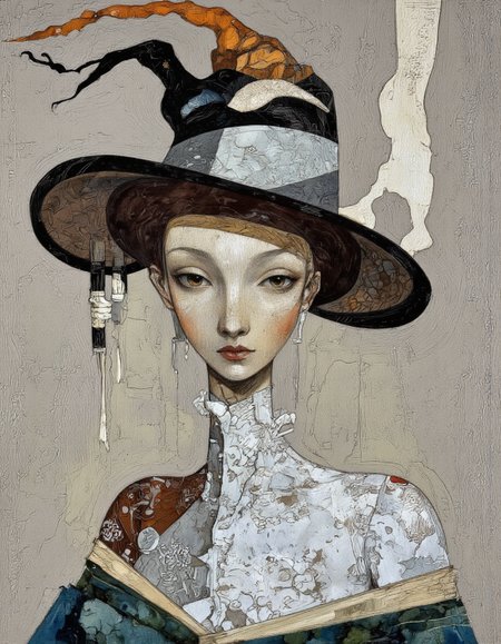 Kate Morgan Art. A human form with a faceless, elongated head. The head is adorned with a large, ornate, and exaggerated hat with sweeping curves and a textured surface, giving it a three-dimensional appearance. The hat is predominantly black and gray, with hints of orange and blue. The figure's neck is adorned with intricate, white, floral patterns, adding a sense of elegance and mystery. The body of the figure is painted in a mix of muted earth tones and abstract patterns. The shoulders and upper body are depicted with broad, sweeping strokes in shades of brown and gray, while the lower body fades into a blend of blues and greens. The background is a muted, neutral color palette of grays and beige, allowing the figure to stand out prominently. The overall texture of the painting is rough and textured, with visible brushstrokes and a blend of mediums that create a sense of depth and dimensionality. The style is reminiscent of cubism, with angular shapes and abstract forms. The image evokes a sense of otherworldliness and mystery, with a focus on the interplay of light and shadow.