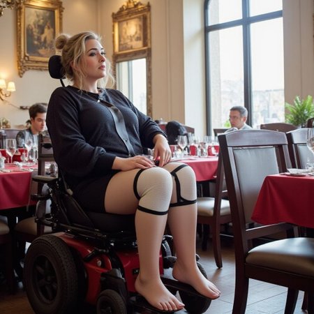 full frame  illustration, perfection, 4k , Analog photography, kodak portra 100, low grade, interior shot,  an attractive woman seating in a powered wheelchair, with a casted leg, thick straps cover her leg from upper thigh to foot, and one arm sarmamp.
cosy french restaurant background, daylight light, 1980' mood, fluffy white angora sweater, straight immobilized leg and disability. Smooth and cosy lightening.