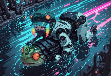 <lora:ck-nc-cyberpunk-IL-000011:0.60>,  masterpiece, best quality, good quality, very aesthetic, absurdres, newest, 8K, depth of field, focused subject, dynamic angle, side view, from above, action shot, wabi sabi android woman, rainbow hair, glowing hair, cute simplistic green frog hat with frog eyes on it, the brim of the hat reads "Lilly", white ceramic armor,  detailed eyes,  gazing at viewer, clean visible face,perched on top of giant frog, their face mask is open, one eye has mechanical enhancements, servos, wires, exposed circuits, skin, lillypads, action scene, jumping through water, bioluminescent lillypads,, Sci-fi anime movie (style by George Shaw),shallow depth of field, vignette, (Fujicolor Superia X-TRA 400) , (bioluminecent glow:0.8),
in the style of cknc,
<lora:MoriiMee_Gothic_Niji_Style_Illustrious_r1:0.5>
<lora:ck-neon-retrowave-IL:0.85>
<lora:ck-shadow-circuit-IL:0.35>