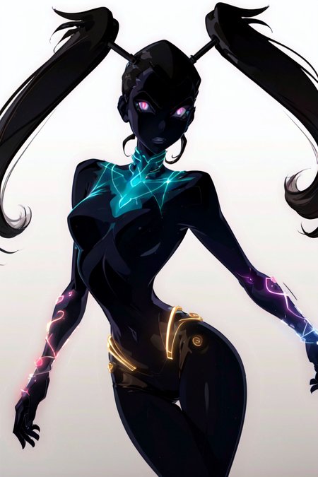 (MegaTrix:1.2), long pigtails, purple skin, black hair, (glowing purple eyes), (solid white background:1.5), (realistic:1.2), (masterpiece:1.2), (full-body-shot:1),(Cowboy-shot:1.2), dark romantic lighting, (highly detailed:1.2),(detailed face:1.2), (gradients), colorful, detailed eyes, (natural lighting:1.2), solo <lora:add_detail:0.3> <lora:BeautifulEyes:0.6> <lora:WinxClubMegaTrix-10:0.9>