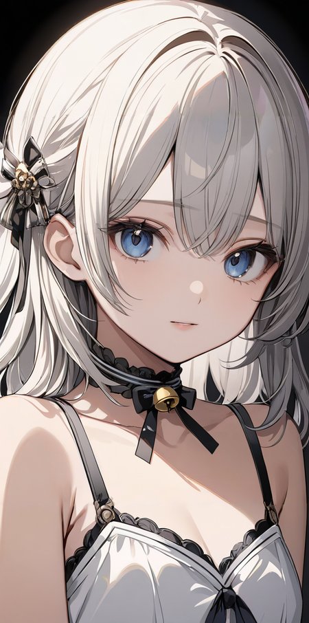 masterpiece,ultra-detailed,best quality,8K,illustration,cute face,clean skin ,shiny hair,girl,ultra-detailed-eyes,simple background, <lora:add-detail-xl:1> ,<lora:chocker_XL_V1.0:1> choker,ribbon,bell
