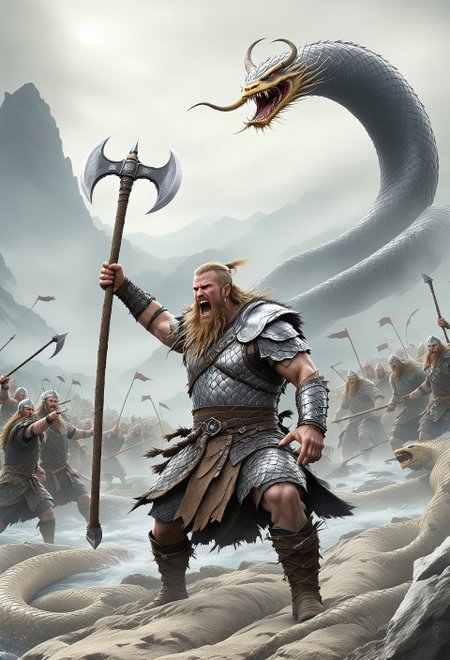 Sinoink VALHERO a viking warrior holding a axe yelling a huge snake at the battle of ragnarok