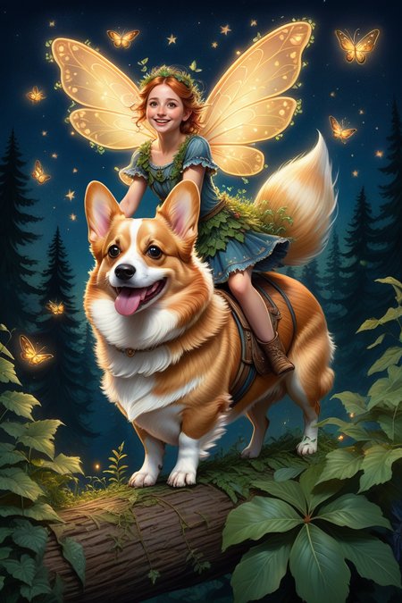 extremely detailed fantasy illustration of a fairy riding on the back of a pembroke welsh corgi, forest, dense foliage, night sky, fireflies