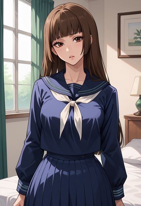 anime artwork, score_9, score_8_up, score_7_up, score_6_up, score_5_up, solo, 20 year old, perfect beautiful face, long eyelashes, (bedroom), medium breasts, wide hips, hips,,1 girl, brown hair, long hair, blunt bangs, long hair, brown eyes school uniform, blue serafuku, sailor collar, looking at the viewer,