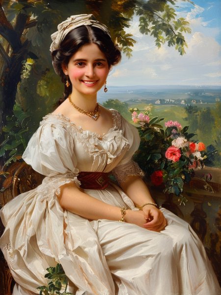 masterpiece,best quality,<lora:tbh121-sdxl:0.9>,portrait of people,smile,illustration,style of Franz Xaver Winterhalter,oil painting,
