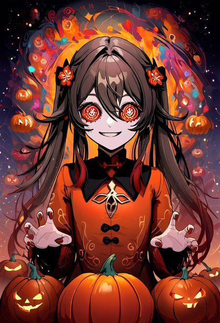 score_9, score_8_up,source_anime, 
 (scenary:1.2), Dynamic light, looking at viewer, zzPumpkinHouse, occultoculi, Hu_Tao_(Genshin_Impact), smile, @_@ , red eyes, brown hair, long hair, twintails, symbol-shaped pupils, scary pumpkin costume, ruffles, standing, upper body, claw hands, nails Black | Orange ,, Halloween background, pumpkins, Pumpkin Lights,,