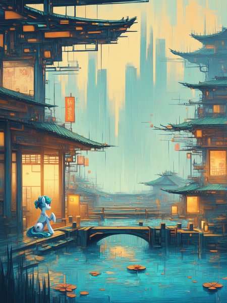 score_9, score_8_up, score_7_up,  pony, water lily and japanese bridge,  cyberpunk <lora:Neon_Cyberpunk_Impressionism_Pony:1>