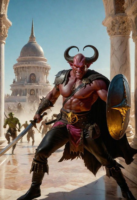 A hyperrealistic 8k photograph was captured by Sid Avery's Hasselblad camera, depicting close-up a handsome+ Tiefling Roderlero with pink++ skin and slender build during a battle+++, surrounded by goblins++, He has a bald head, neon yellow eyes, calm++ and handsome detailed face, cold smile++, mysterious and ominous aura of dark shadows enveloping the figure, Lovecraftian Horror-themed, in the artistic style of Boris Vallejo, Shadows casting an uncanny atmosphere, hints of eldritch dark energy crackling, He is dressed in a swashbuckler outfit, high details and era-appropriate, He is wielding a radiating Backsword+ in the right hand, and he is holding a steel shield+++ in the left hand, Backdrop (background) of a focused scene of a battle with goblins next to a white-marble palace, Mysterious composition, imbued with a dark, ambient 3d warm studio backlight.