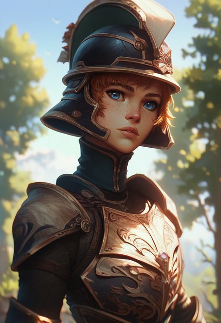 score_9, score_8_up, score_7_up, score_6_up, ARKN2, Detailed drawing, 1girl, solo, freckles, outdoors, armor, tree, short hair, helmet, blurry, day, hat, blurry background, lips, blue eyes, upper body