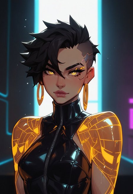 score_9, score_8_up, score_7_up, score_6_up, 
(1girl, solo, panther flamenco dancer), yellow eyes, muscular body type, small breasts, glossy black fur, intense gaze, short hair, slicked-back with asymmetrical bangs, jet-black hair with silver tips, tight-fitting flamenco suit with high slits, shimmering crimson sash, gold hoop earrings, standing confidently, cyberpunk city rooftop, faint rain falling, neon lights reflecting on wet ground, holding castanets in both hands, shadowy figures in the background, glowing footprints left behind, misty rain glowing in ambient light, faint electronic music notes.