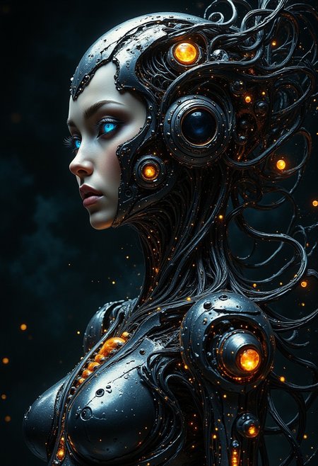 masterpiece, high detail, ArsMJStyle, dnddarkestfantasy, masterpiece, stunning oriental robot woman, made of robot joints, glowing lights and printed circuits, wires and cables, abstract, fractal art. highest definition, HD32K, wallpaper, hyperdetailed, concept art, extreme closeup, side profile