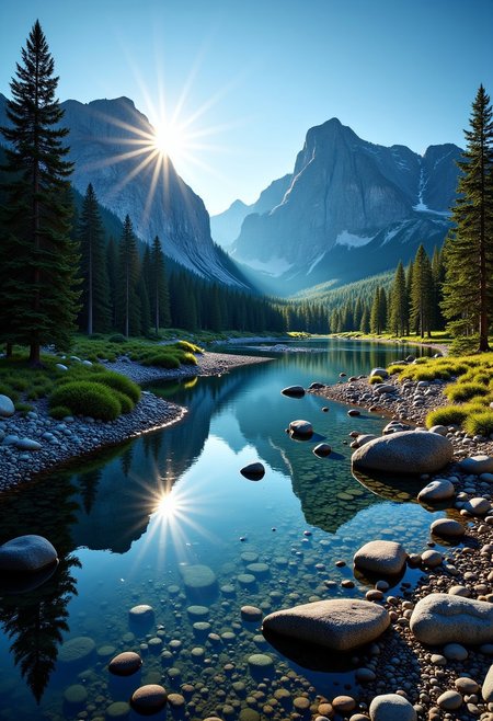 The image is a landscape photograph of a mountain range with a river flowing through it. The river is surrounded by a rocky shoreline with small pebbles and boulders. The water is a deep blue color and reflects the mountains and trees in the water. The mountains in the background are tall and imposing, with a mountain peak in the distance. The sky is clear and blue, and the sun is shining brightly, creating a beautiful reflection of the mountains on the water's surface. The overall mood of the image is peaceful and serene. mad-sprklngtr, flrlizer.
