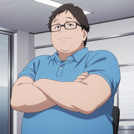 seiichikino, anime screenshot, solo, short sleeves, male focus, masterpiece, absurd res, looking at viewer, light smile, closed mouth, glasses, blue shirt, office, crossed arms, upper body, (chubby:1.1)