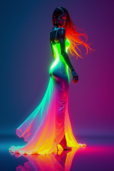 A digital painting featuring a semi-realistic beautiful shapely young Italian female character standing close gracefully in aesthetic pose, her glowing long hair flowing in soft waves as if moved by a gentle breeze. She wears a long sleek flowing dress that appears to glow brightly in shades of flashy orange at the top and hair, day-glo salad-green in the middle and glowing indigo bottom of the hem, creating a vibrant gradient of luminous colors against the very dark gradient background. Very dim lighting, dark environment. The woman stands barefoot, her reflection is clearly visible on the perfectly clean reflective surface below her, which glows faintly the colors of her dress. Her body posture is confident and elegant. The overall neon lighting effect and the soft yet vibrant color transitions create a futuristic and dreamlike atmosphere., dynamic, dramatic, vibrant colors.   <lora:DGLO_style_v.6:0.8>