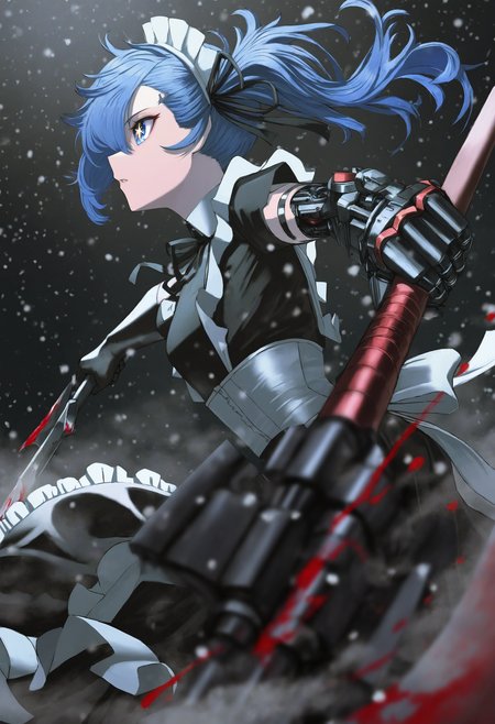 mechabare, artist:[vinne|hataya|itou (onsoku tassha)|yoneyama mai|quasarcake|diyokama|sukabu], 
1girl, single mechanical arm, mechanical parts, robot joints, solo, blue hair, long hair, side ponytail, black gloves, mecha musume, star-shaped pupils, frilled dress, profile, black dress, maid headdress, blood, elbow gloves, armor, from side, floating hair, parted lips, black ribbon, short sleeves, holding axe, polearm, looking ahead, dust cloud, depth of field, snowing, foreshortening,
masterpeice, best quality, very aesthetic, absurdres