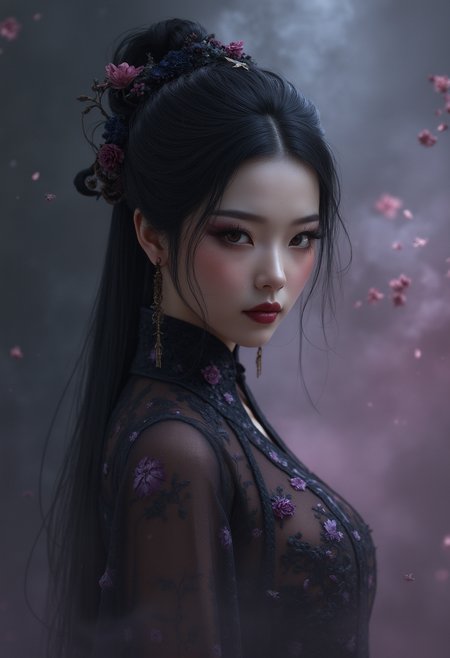 breathtaking A highly detailed, realistic full body  picture  of a Chinese Zixia woman 28yo with a pale complexion, dark straight hair in an elegant updo with a few loose strands framing her face, intricate makeup , deep black lips, wearing a high-collared garment with floral patterns in a dark, muted palette, against a dark gradient background, emphasizing her enigmatic and mystical aura,, high resolution, rich textures, and contemplative mood. Dark makeup,  descending from the heavens, enveloped in a mist of purple and pink clouds
. Her eyes are a deep piercing and  brown
<lora:FluxMythP0rtr4itStyle:0.5> mythp0rt . award-winning, professional, highly detailed