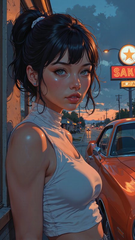 High-resolution semi-realistic anime-style illustration, soft painterly shading, upper body shot of a young woman leaning against the side of a vintage muscle car at a quiet gas station, the polished chrome reflecting the flickering neon lights. Her jet-black hair is styled into a sleek high ponytail with loose side bangs, strands catching the evening breeze as she exhales softly, a confident smirk on her lips. She wears a form-fitting,  cropped white shirt without sleeves, the fabric hugging her figure. The gas station sign hums softly, casting warm light on her skin, while the distant highway buzzes under the deep twilight sky. Painterly deep blues, warm oranges, and soft neon highlights, creating a moody, cinematic, and effortlessly cool atmosphere <lora:ILLUSTRATION_(FLUX)_-_V3.1:0.6> <lora:Blue_Future:0.6> <lora:PinkieSoftcoreAnimeFLUX:0.8>