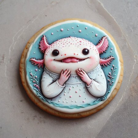 <lora:lora:1>cookie art design,  <lora:Axomodelv2.1:1> simple round cartoon  cookie art,  delicious cute axolotl  cookies  with icing, flat cookies, cookies with cute design  <lora:add-detail-xl:1>,