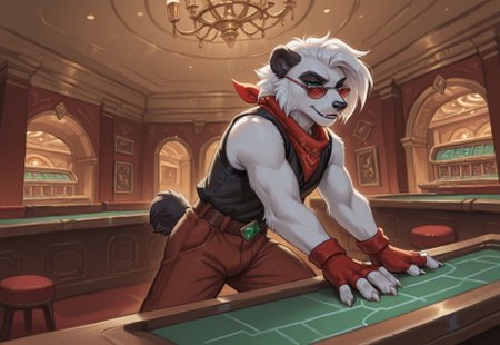 Solo, reallynxgirl_style, rspade_fre3dom_p1anet, mammal, panda, animal ears, furry, 1boy, solo, male focus, furry male, sunglasses, tail, red fingerless gloves, bandana, claws, clothes, adult, white fur, white claws, casino, detailed background