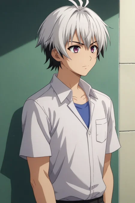 score_9, score_8_up, score_7_up, , rating_safe, , , , , 1boy, solo, male focus, <lora:ren_elsie_jewelria_pony:0.88>, ren_elsie_jewelria, white hair, purple eyes, short hair, two-tone hair, multicolored hair, black hair, , linen shirt,, <lora:sdxl_lightning_8step_lora:1>