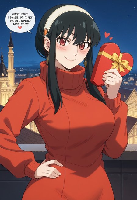 score_9, score_8_up, score_7_up, source_anime,  
BREAK,
happy and in love, gentle smile, looking at viewer, Expressiveh, yor briar, black hair, red eyes, sidelocks, hairband, short hair with long locks, white hairband, medium breasts, dress, long sleeves, red sweater, sweater, sweater dress, 1girl, solo, wide hips, blush, text bubble, hearts, 
standing, standing straight, one hand on hip, upper body, portrait, holding a heart-shaped gift box, 
night, in a luxurious palace rooftop near the beach, outdoors,