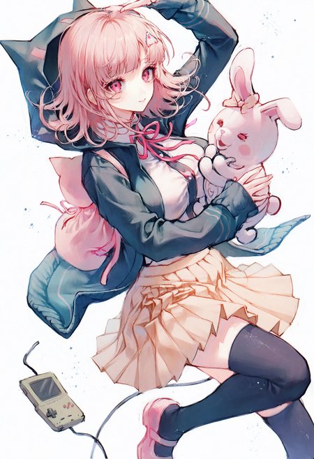 <lora:match2_noob1.1-000190:1>,
1girl, nanami chiaki, shirt, skirt, thighhighs, controller, jacket, neck ribbon, ribbon, medium hair, hood, pink eyes, pink footwear, handheld game console, holding, pleated skirt, white shirt, hair ornament, game controller, monomi \(danganronpa\), flipped hair, breasts, collared shirt, black thighhighs, pink ribbon, long sleeves, brown skirt, large breasts, game boy, hooded jacket, bag, open jacket, shoes, dress shirt, looking at viewer, white background, open clothes, ear bow, smile, solo, shirt tucked in, game console, black jacket, green jacket, black shirt, pink hair, arm up,
masterpiece,best quality,newest,absurdres,highres,very awa,